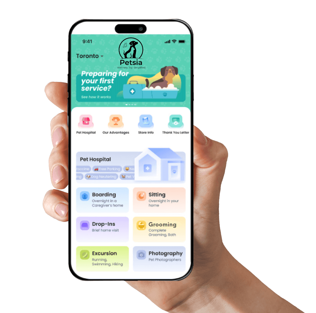 petsia mobile app screenshot showing pet service listings