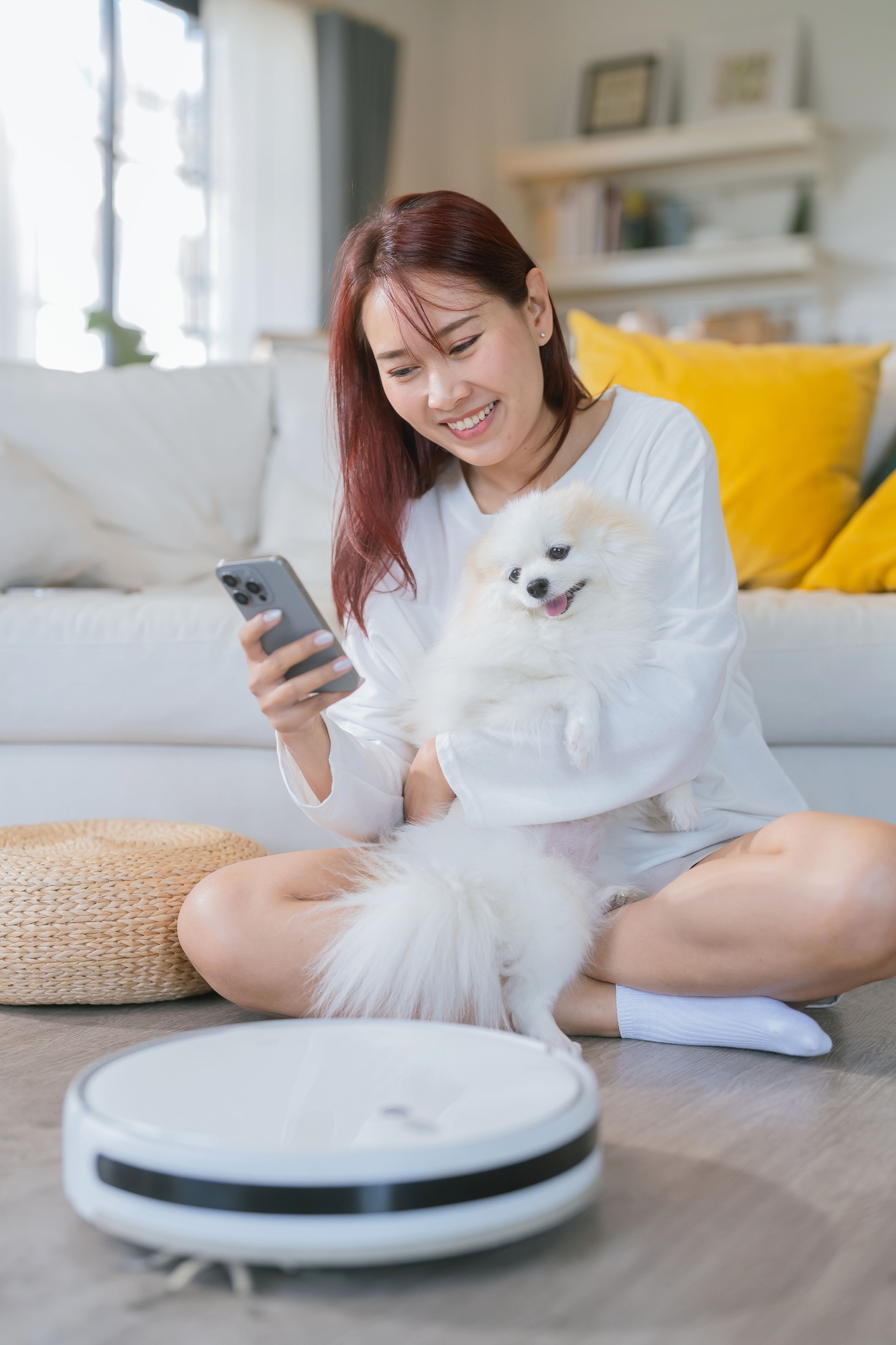 Wide view shoot Asian woman relaxing andplay cuddle with best friend white pomeranien pet dog while a robotic vacuum cleaner working she is using smartphone for control vacuum robot cleaning home